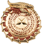 Marine Corp red and the eagle and globe emblem are common sights on Marine challenge coins, but this one takes it all to the next level with the custom 3D edge cut in the shape of a dragon ouroboros. Marine Security Guard Detachment Vietnam Side 2